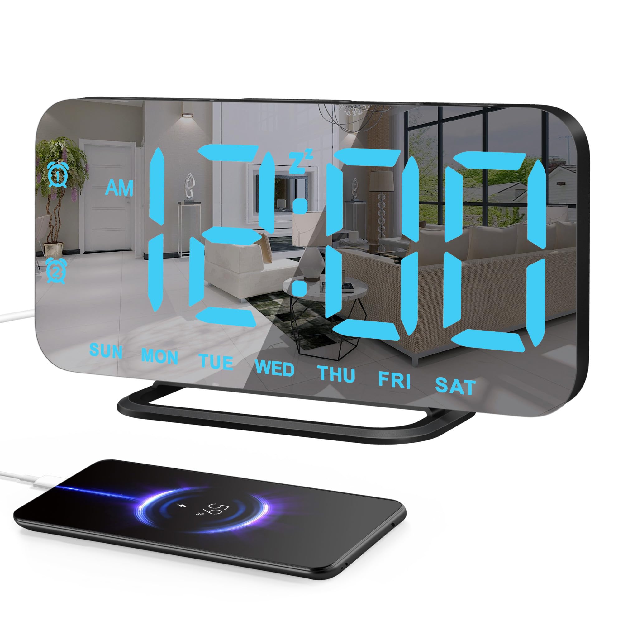 Super Slim LED Digital Alarm Clock, Mirror Surface for Makeup, with Blue Font, 4 Levels Brightness, Large Display, Easy Setting, Dual USB Port, Modern Decoration for Home, Bedroom Decor, Gift, Black
