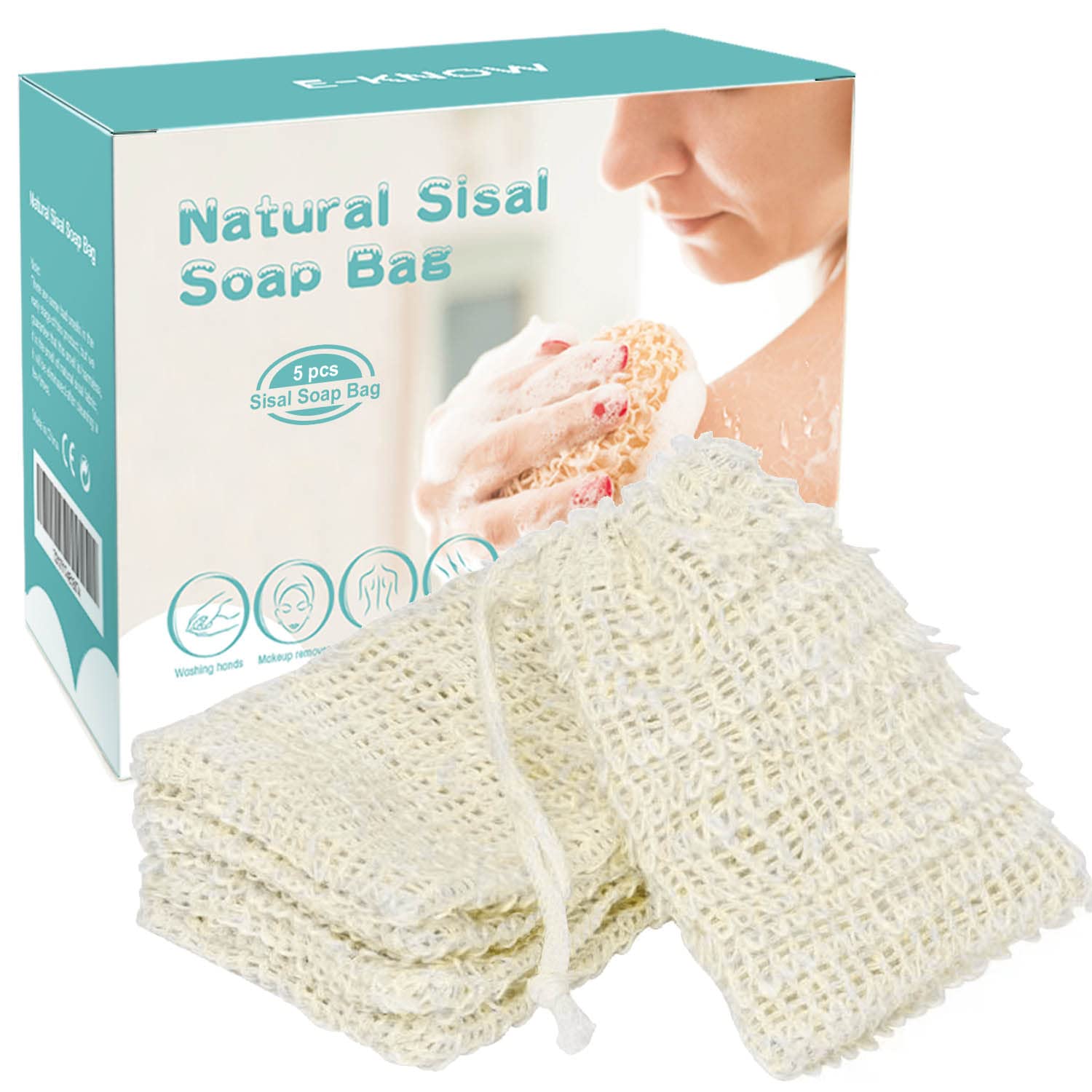 E-Know Soap Bag,5 Pack Natural Sisal Soap Holder, Zero Waste Plastic-free Soap Saver, Foaming and Drying The Soap, Massage, Peeling