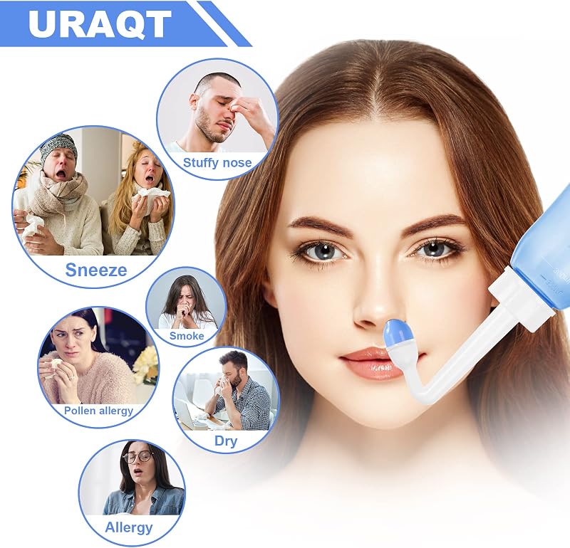Lavagem nasal para adultos, irrigador nasal de 300ml com 2 bicos, Neti Pot com sal nasal e termómetro autocolante, limpador nasal para crianças adultas para alívio da congestão nasal e limpeza nasal
