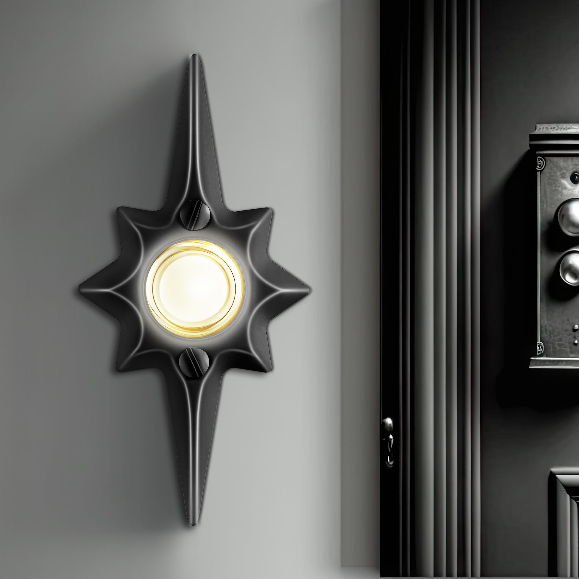 Photo 1 of Saillong 1 Pack Doorbell Button, Metal Push Button Doorbell, Doorbell Button Wired Replacement, Doorbell Lighted, White Light Wall Mounted Starburst Door Bell Buttons(Black)