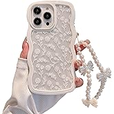 Dyale Compatible for iPhone 16 Pro Max Case for Women Girls,Cute Curly Wave Wavy Frame Shape Shockproof Soft TPU 2 in 1 with Bow Bracelet Flower Floral Phone Cove for Women Girl