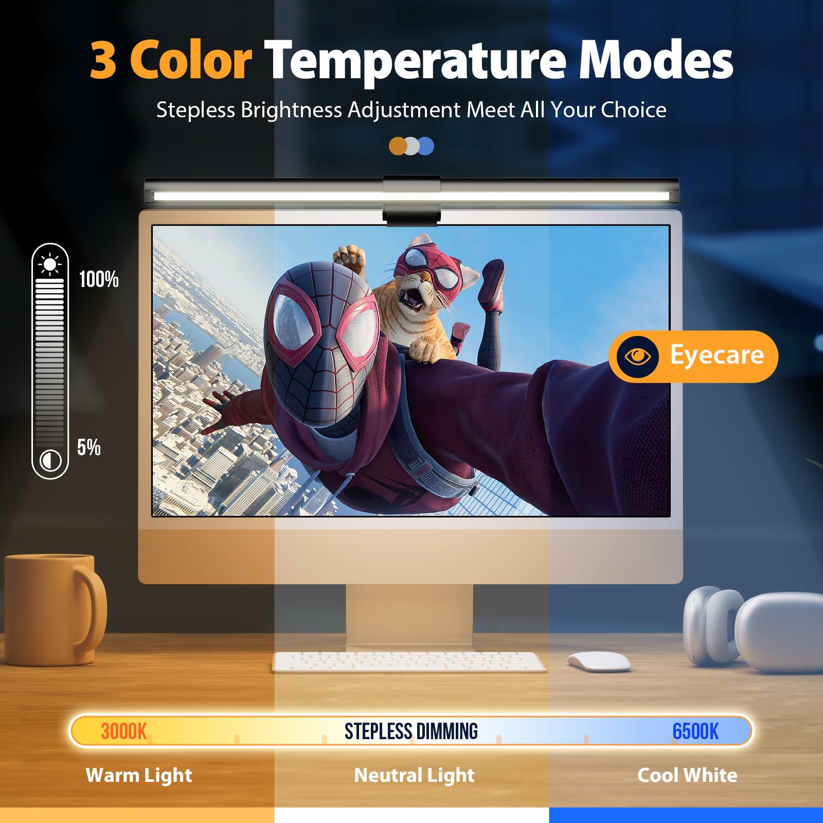 Computer Monitor Lampe LED USB mit Touch Control, Monitor Light Bar mit Anti-blauem Licht, Bildschirmlampe mit Auto-Dimmen, Schreibtischlampe mit einstellbarem Farbtemperatur Helligkeit 【Berühren】 3