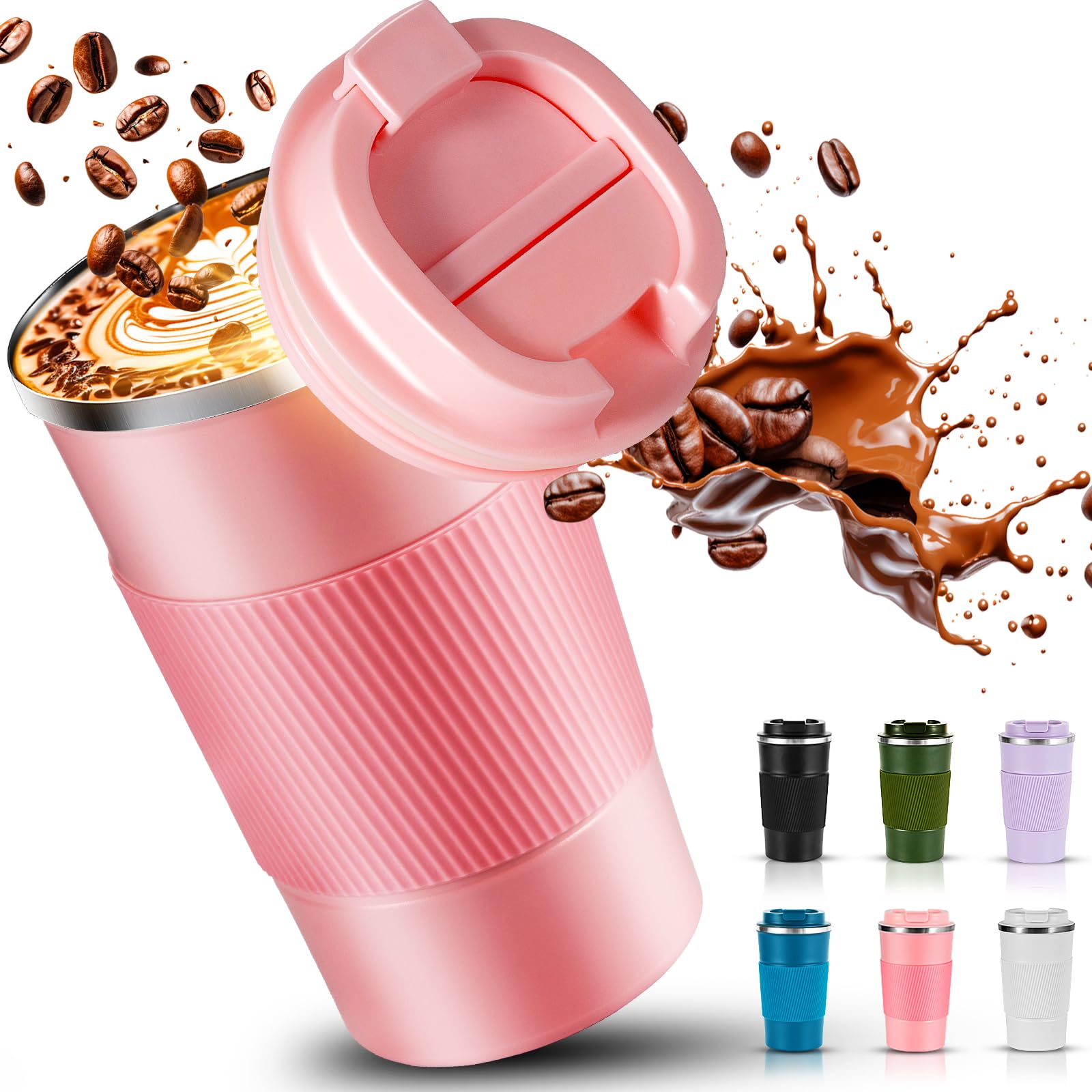 SENBSLAN Travel Mug,510ml Insulated Coffee Cup with Leakproof Lid,Non-Slip Coffee Travel Mugs for Hot Drinks,Double Walled Stainless Steel Thermal Mugs for Hot Cold Drinks (Pink)