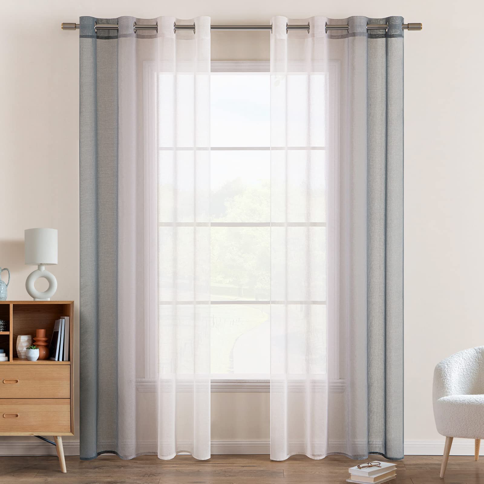 EMEMA Voile Curtain Two-Tone Curtain with Eyelets Transparent Curtain Eyelet Curtain Window Curtain Translucent for Bedroom Set of 2 140 x 175 cm Grey