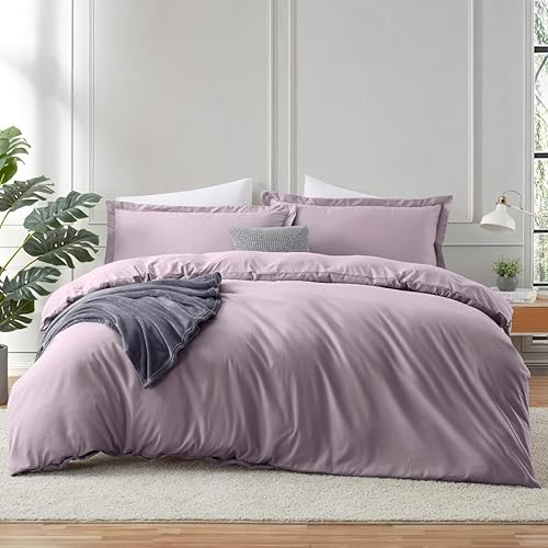 Hearth & Harbor Dusty Purple Duvet Cover Queen Size - 3 Piece Queen Duvet Cover Set, Soft Double Brushed Queen Size Duvet Covers with Button Closure, 1 Duvet Cover 90x90 inches and 2 Pillow Shams