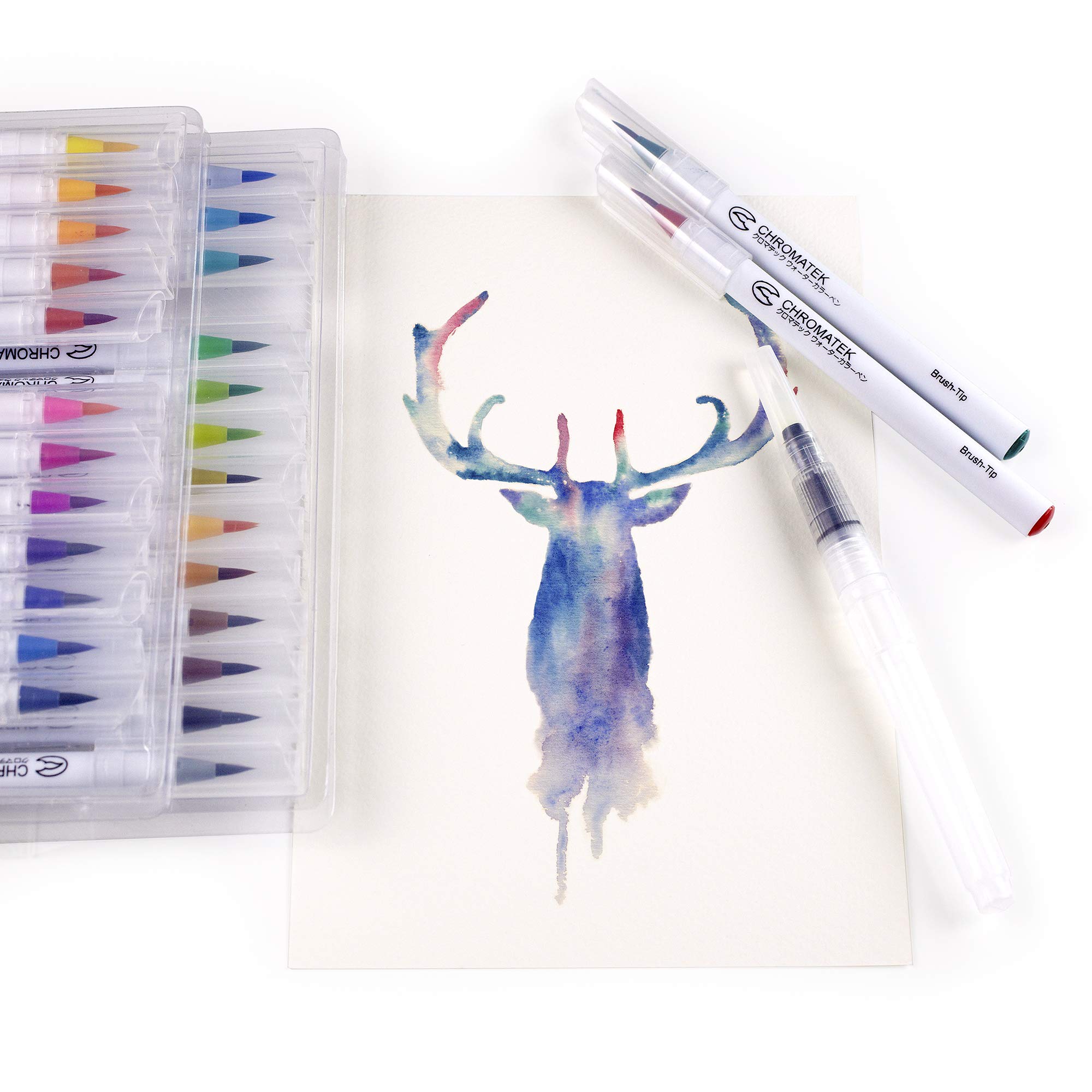 CHROMATEK 30 Watercolor Brush Pens - 15 Page Tutorial Pad and Online Video Series - Real Brush Tip, Vivid, Blendable - Professional Artist Quality - 27 Colors - 3 Aquapens
