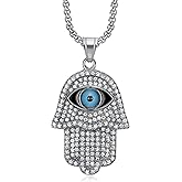 NEGS 18K Gold Black Plated Blue Evil Eye Beads Fatima Hamsa Hand Egyptian Pendant Stainless Steel Necklace for Men Women, 24 Inch Chain Religious Amulet Jewelry Gift