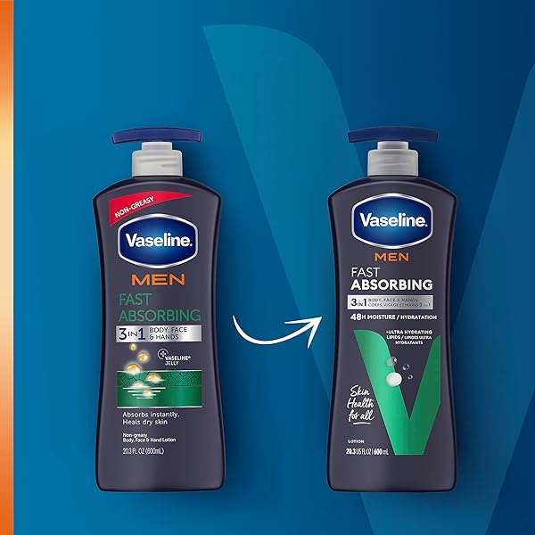 VASELINE MEN FAST ABSORBING 3-IN-1 FACE, HANDS & BODY LOTION FOR MEN, FOR DRY SKIN, ABSORBS IN JUST 15 SECONDS FOR MOISTURIZED SKIN 20.3 OZ