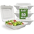 [50 COUNT] Harvest Pack 8 X 8 inch White Compostable Square Hinged Container, Single Compartment Clamshell Takeout Box, Made from Eco-Friendly Plant Fibers, No PFAS Added