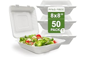 HARVEST PACK GOURMET SHOWCASE [50 COUNT] Harvest Pack 8 X 8 inch White Compostable Square Hinged Container, Single Compartment Clamshell Takeout Box, Made from Eco-Friendly Plant Fibers, No PFAS Added