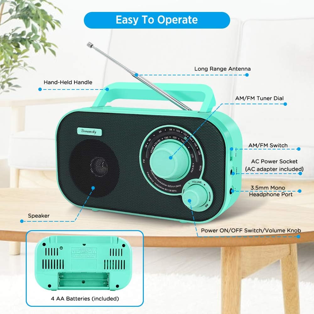 DreamSky Portable AM FM Radio with Great Reception, Battery Operated Radio AC Outlet Powered Radios with Headphone Jack, Handheld Transistor Radios Small Gifts for Seniors, Indoor Outdoor Emergency: Home Audio & Theater