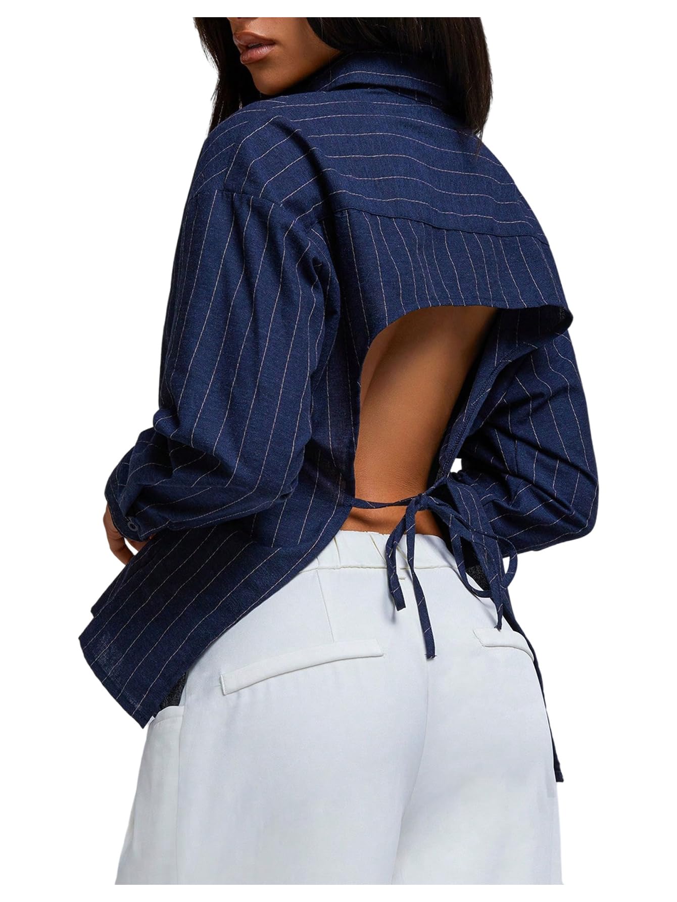 Photo 1 of (medium) Floerns Women's Striped Tie Open Back Long Sleeve Shirts Button Down Dressy Casual Blouse Tops Dark Blue Medium