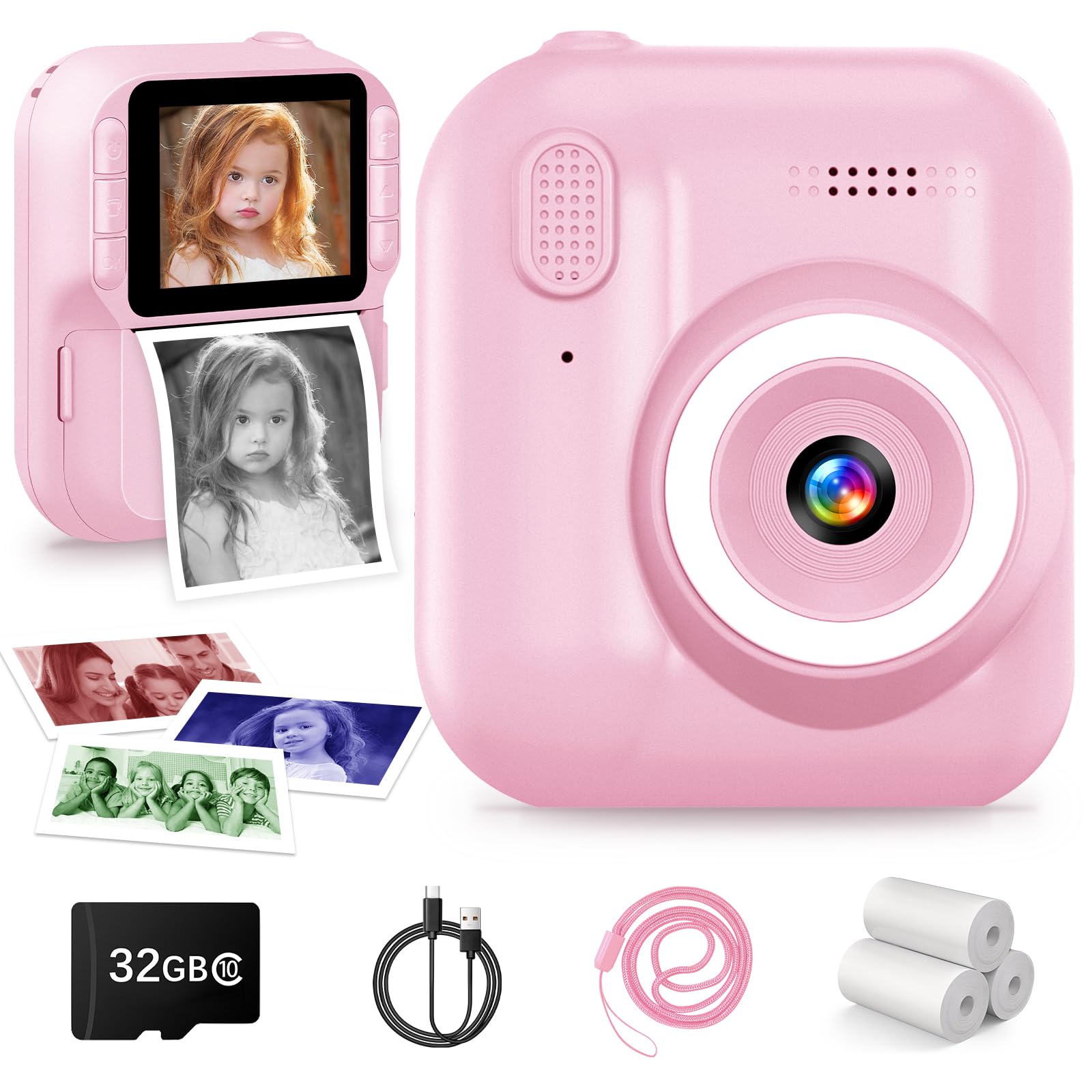 Kids Instant Print Camera 1080P Instant Camera for Kids with 32GB Card & 3 Rolls Printing Paper, 2.4" LCD Screen Digital Camera for Kids, Birthday for Boys & Girls 3-12 Years Old(Pink)