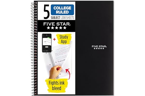 Five Star Spiral Notebook + Study App, 5 Subject, College Ruled Paper, Fights Ink Bleed, Water Resistant Cover, 8-1/2