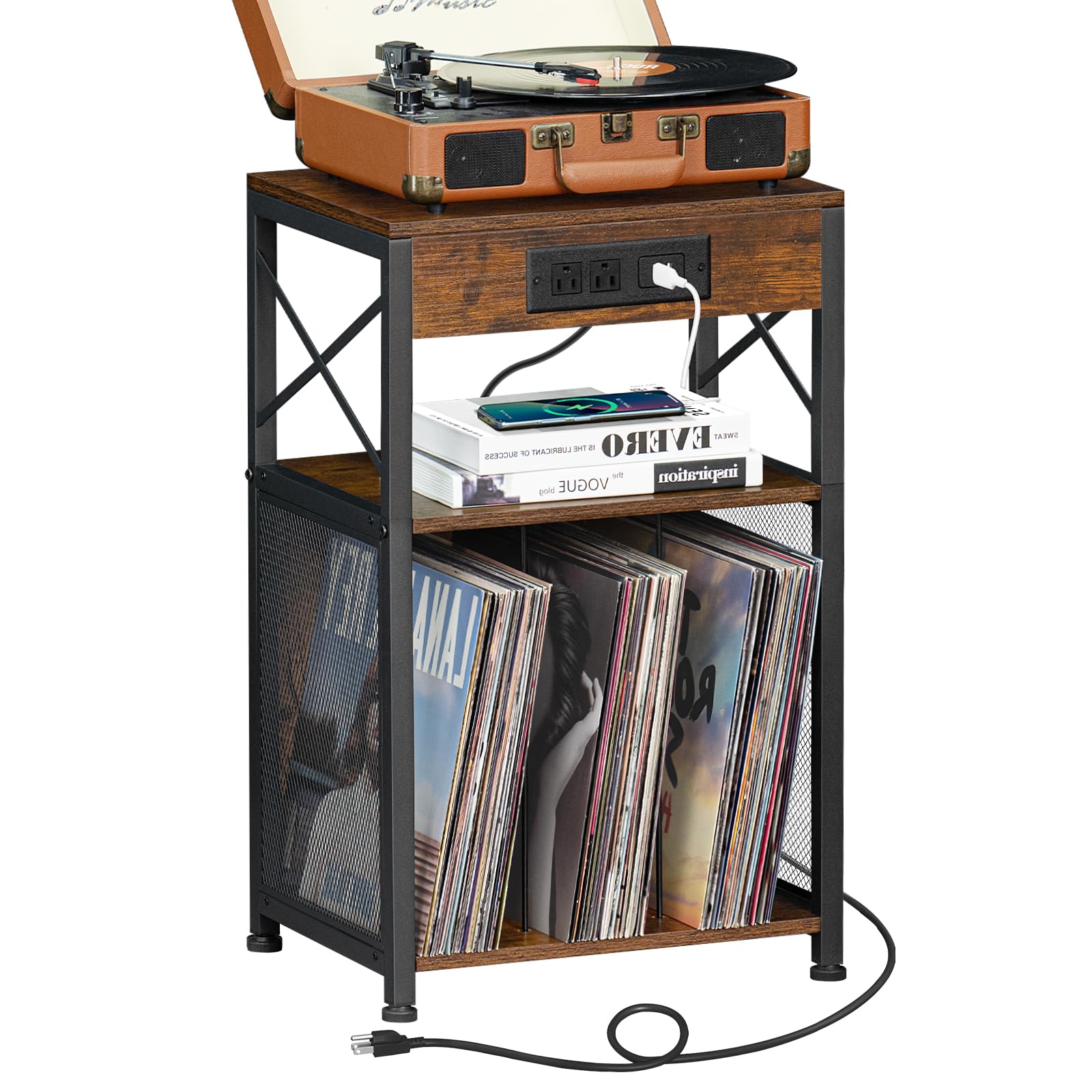 Photo 1 of LELELINKY 3 Tier End Table with Charging Station, Record Player Stand Holds Up to 100 Albums, Black Vinyl Records Storage Holder, Turntable Stand with Display Shelf for Bedroom Living Room Office