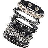JIYIN 4 Pcs Leather Rock Studded Bracelets, Punk PU Leather Spike Bracelet for Men Women, Leather Cuff Bracelet 80s Wristband Set Adjustable Emo Punk Accessories Grunge Bracelet for Men Women