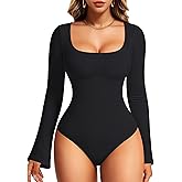 Nebility Long Sleeve Bodysuits for Women Tummy Control Shapewear Square Neck Body Suits Bell Sleeves