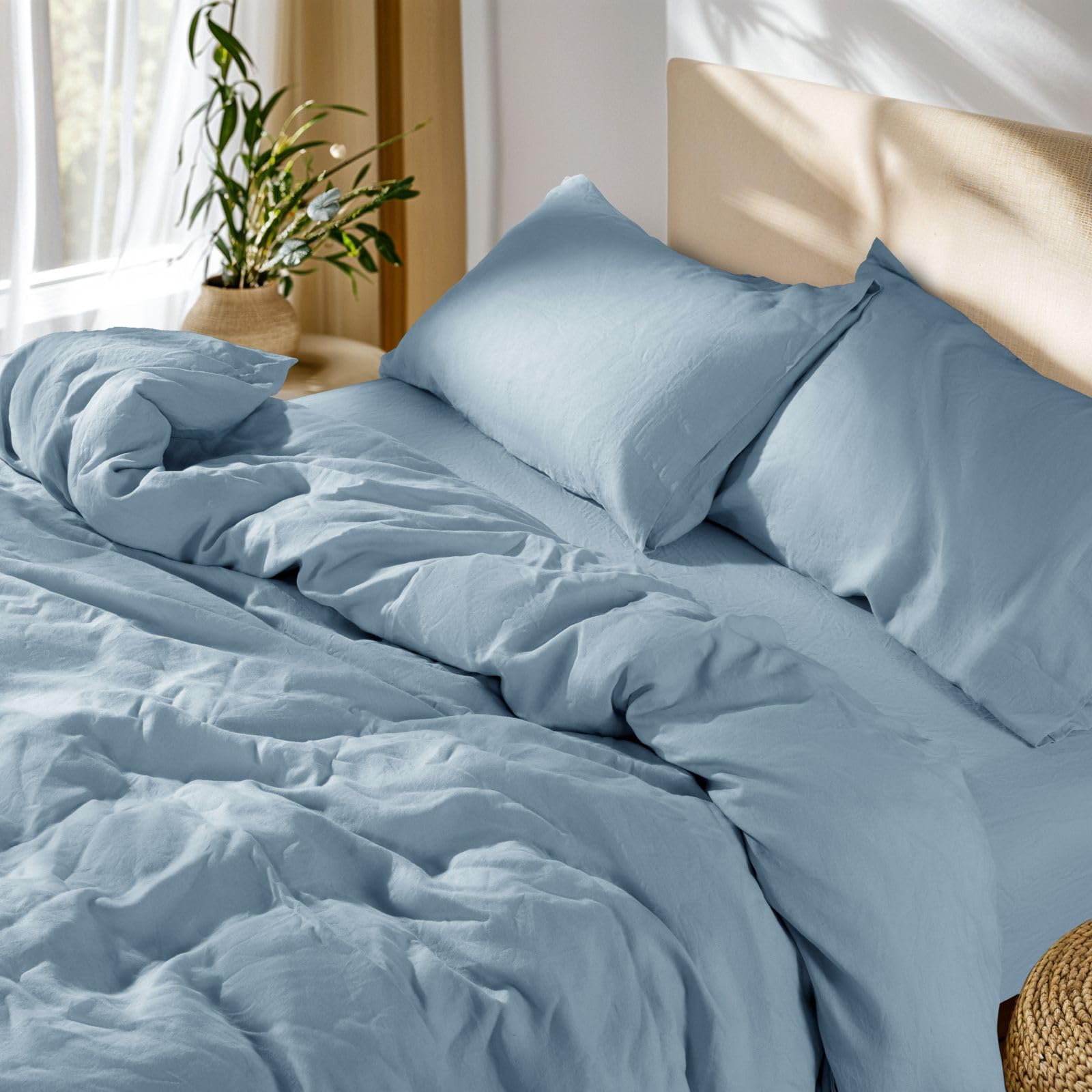 Photo 1 of SONORO KATE 100% French Linen Duvet Cover King Size, Soft Breathable for Hot Sleepers, Moisture Wicking & Durable Cover Set - Zipper Closure & 4 Corner Ties Duvet Covers 3 Piece (Dusty Blue,King)