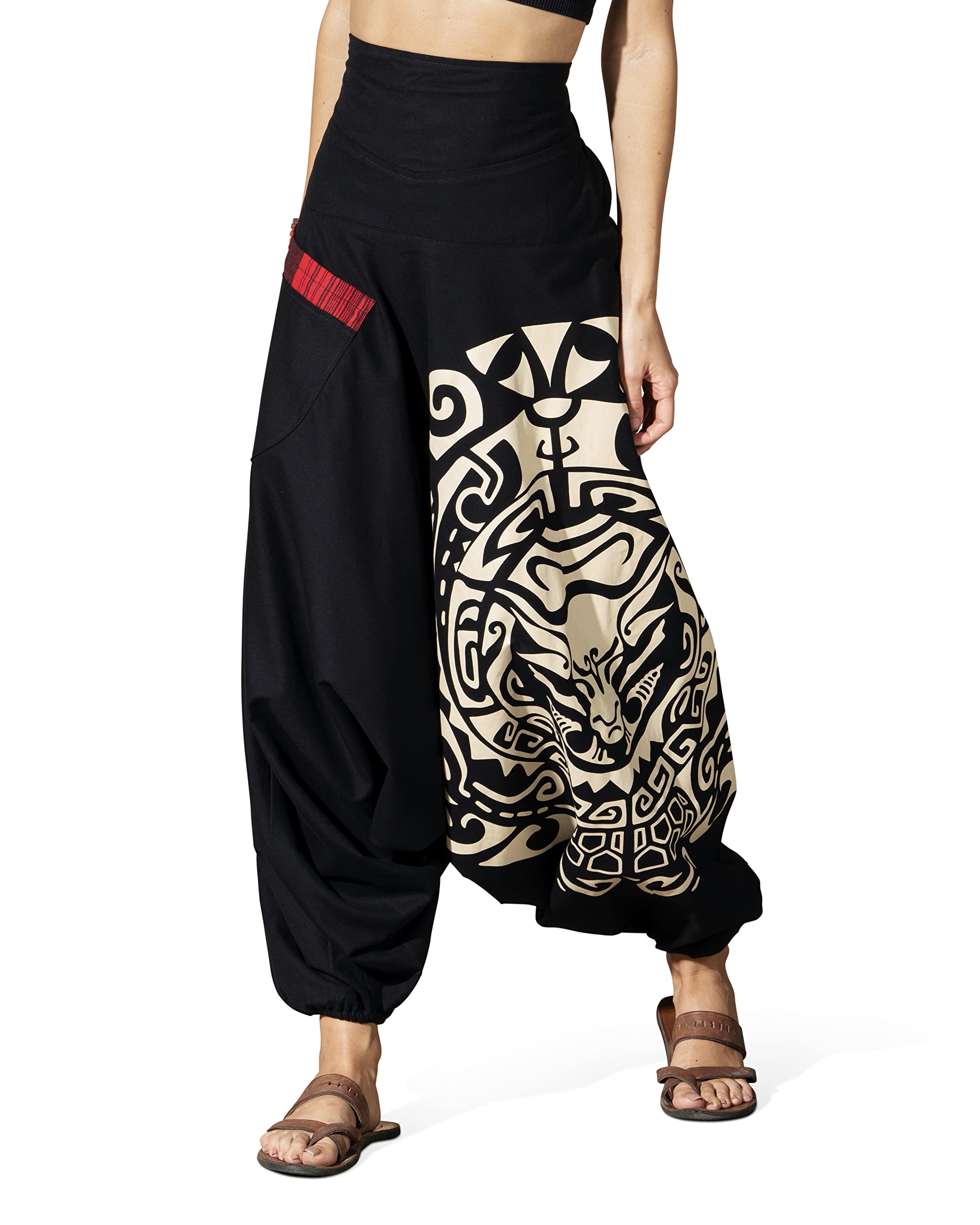 Photo 1 of Women's Printed Harem Pants, Cotton Boho Hippie Casusal Oversized Palazzo Pant for Women, Fate Weaver Black-Beige, One Size