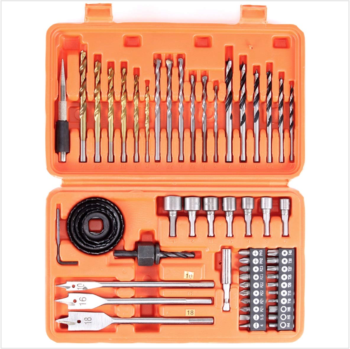 Drill and Screwdriver Bit Set 56-Pieces Includes Mixed Drill Bits Hole Saws Nut Drivers Magnetic Bit Holder for Wood,Chipboard, Metal, Masonry Supplied in Sturdy Case