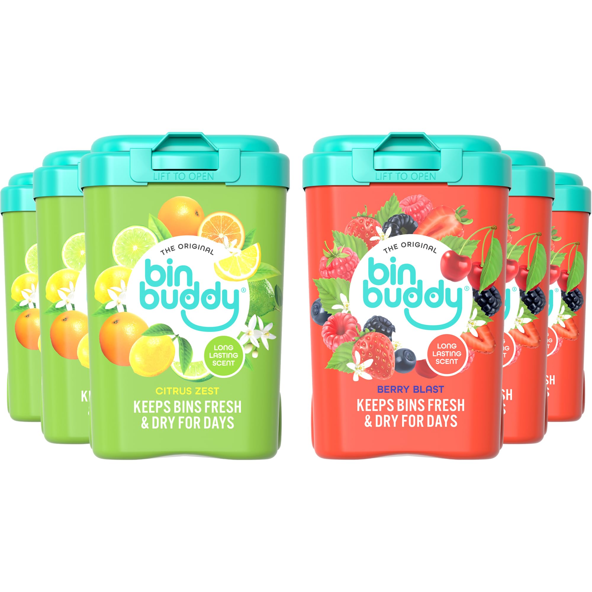 Bin Buddy Mixed Fresh Citrus & Berry, 450g, Pack of 6 - Bin Freshener Deodoriser Powder - Leaves Your Bin Smelling Great - Suitable for Indoor and Outdoor Bins