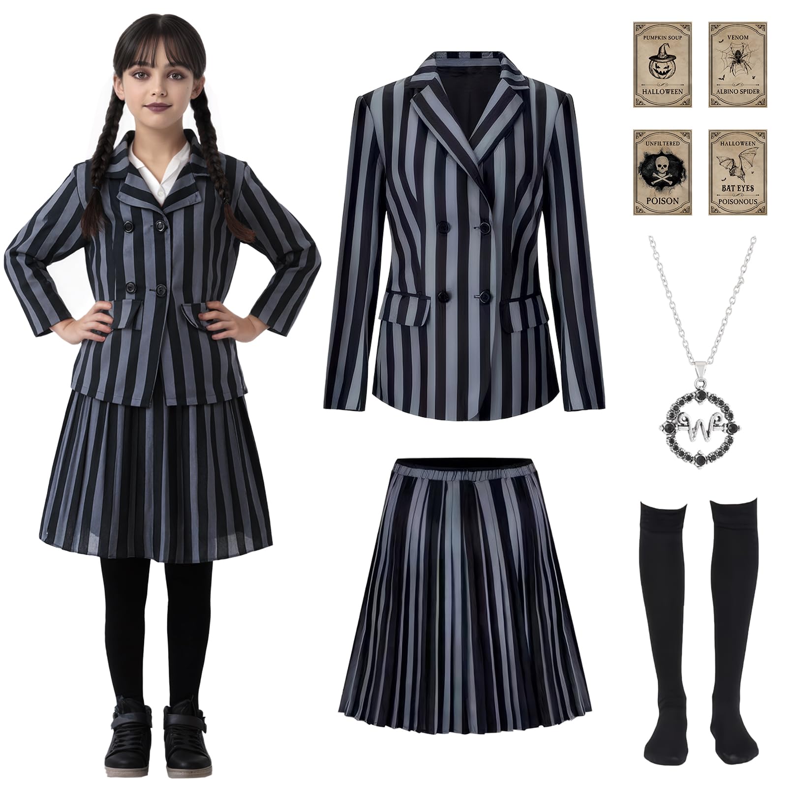 Photo 1 of Halloween Costume Girls Addams Costume Cosplay School Uniform Dress Kid Teen Black Outfit With Necklace Socks Party Dress