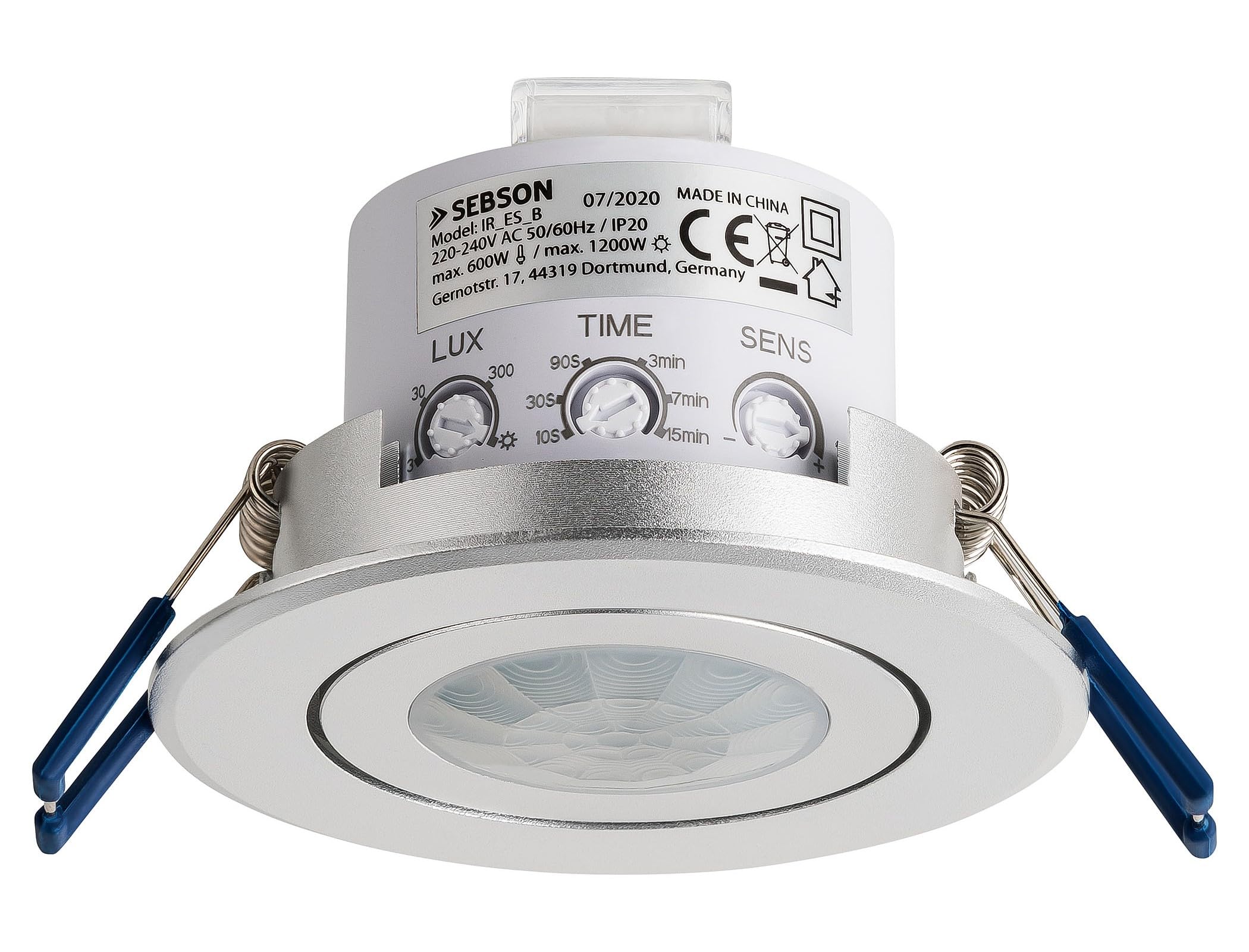 SEBSON 2x PIR Sensor Ceiling 360°, Flush Mounted, Infrared Motion Sensor, LED suitable, Range max. 3-8m/360°, swivelling, max. 1200/600W, IP20