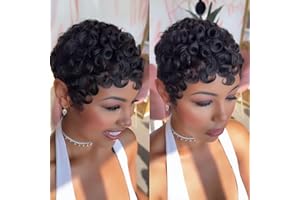 PangDongLai Chic Elegent Pixixe Cut Curly Wigs for Black Women Short Layered Pixie Cut Human Hair Wigs With Bangs Natural Black Color Summer No Glue Short Curly Human Hair Wig