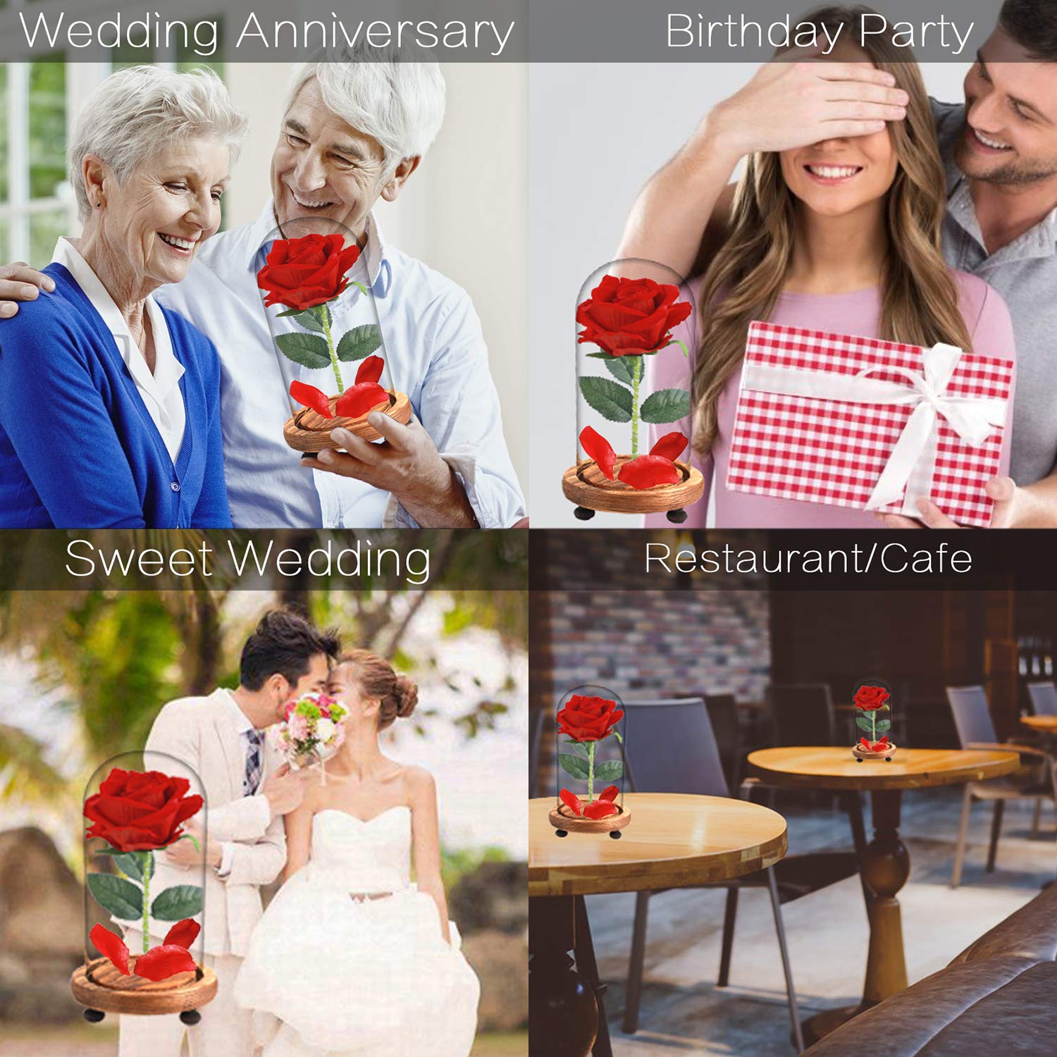 Beauty and The Beast Rose, Enchanted Red Silk Rose and LED Light with Fallen Petals in Glass Dome on a Wooden Base, Gift for Her - Holiday Birthday Party Wedding Anniversary Valentine\'s Day