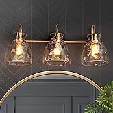 KSANA Black Gold Bathroom Light Fixtures, 3 Light Modern Vanity Lights with Textured Glass Mid-Century Bathroom Vanity Lighti
