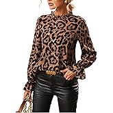 Floerns Women's Leopard Print Long Sleeve Frill Trim Mock Neck Blouse Tops