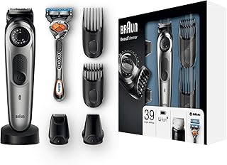 Braun Barttrimmer und Haarschneider BT7040, 39 Längeneinstellungen, Edelstahl-Trimmerkopf, Präzisionstrimmer und Präzisionsscherkopf, mit Gillette Rasierer und Ladestation, schwarz/grau