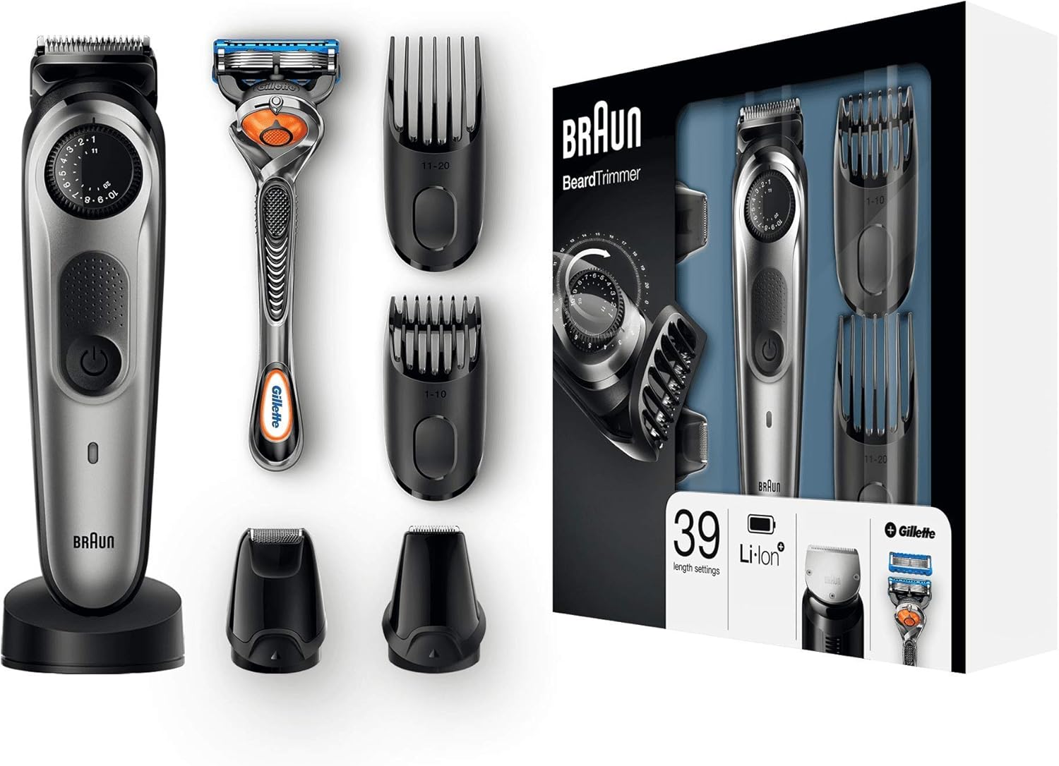 Braun Barttrimmer und Haarschneider BT7040, 39 Längeneinstellungen, Edelstahl-Trimmerkopf, Präzisionstrimmer und Präzisionsscherkopf, mit Gillette Rasierer und Ladestation, schwarz/grau