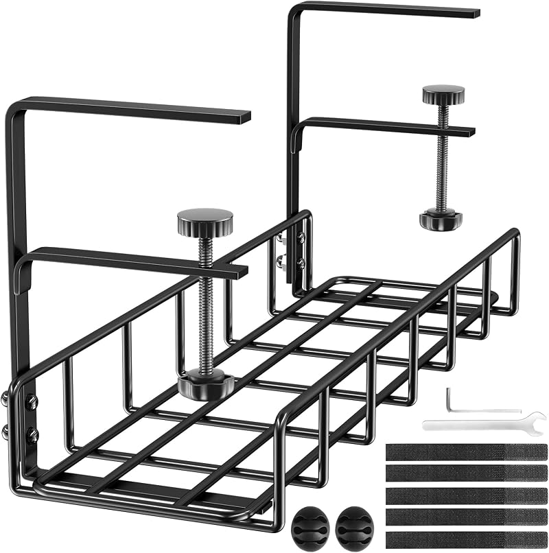 TriPro Under Desk Cable Management Tray No Drill Long Arm Clamp Fits Most Tables