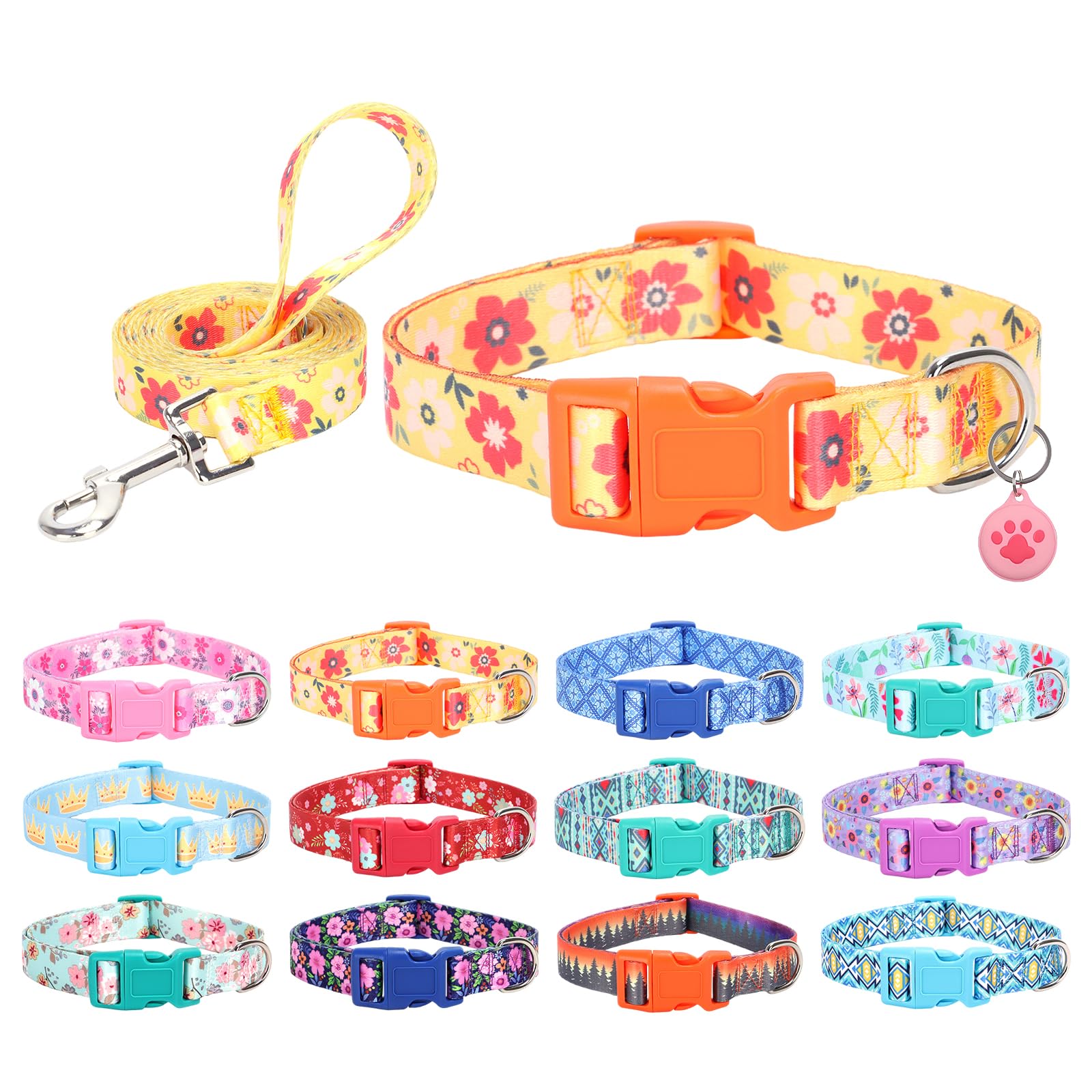 SLZZ Dog Collar with lead Airtag Holder Case Set - Dog Collars for Male Female Boy Girl Puppy X-small Small Medium Large Dogs Walking Running Training - Orange Daisy/XS