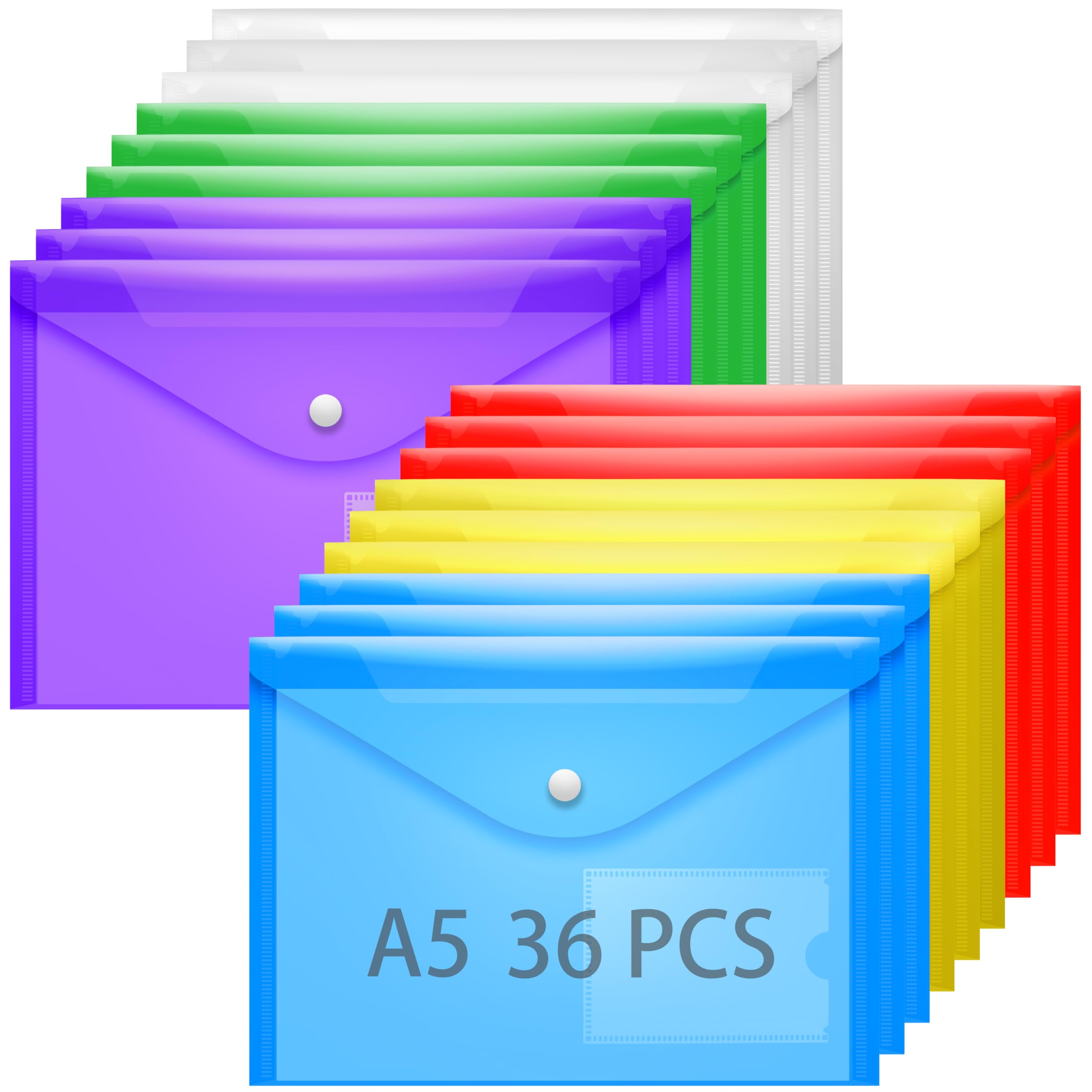 GoodtoU A5 Plastic Wallet 36Pcs - Assorted Colours A5 Plastic Folders with Popper for Document Storage and School Office Organization Stationery Supplies