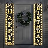 Breling Happy Birthday Banner with Lights 71 x 12 Inch LED Happy Birthday Decoration Door Banner Party Porch Sign Outdoor Indoor Hanging Supplies for Women Men(Black Gold)