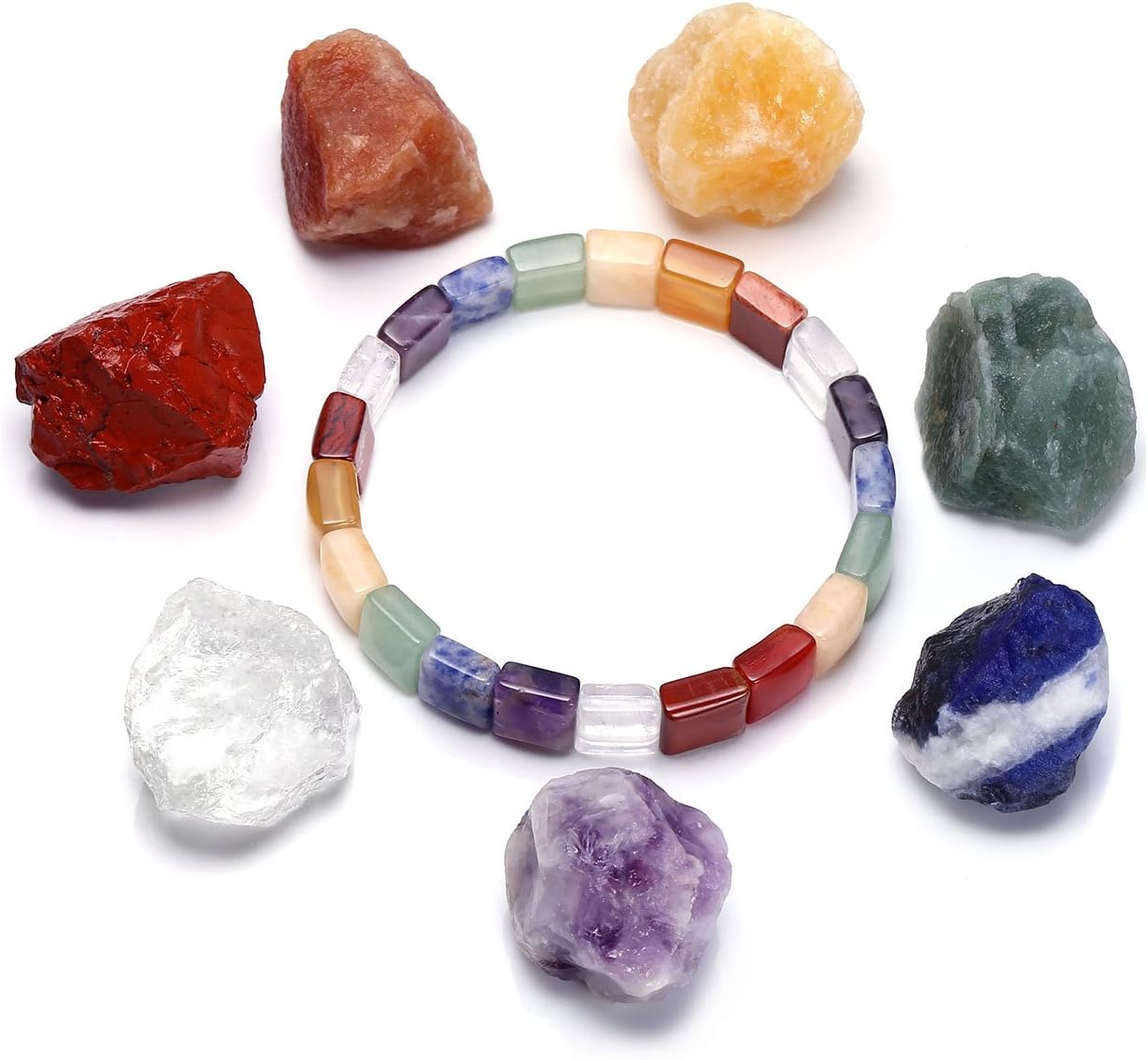 QGEM Jewellery 7 Chakra Healing Gemstone Shapeless Feng Shui Reiki Energy Therapy Yoga Decoration + Balance Buddha Bracelet with OM Pendant for Men and Women