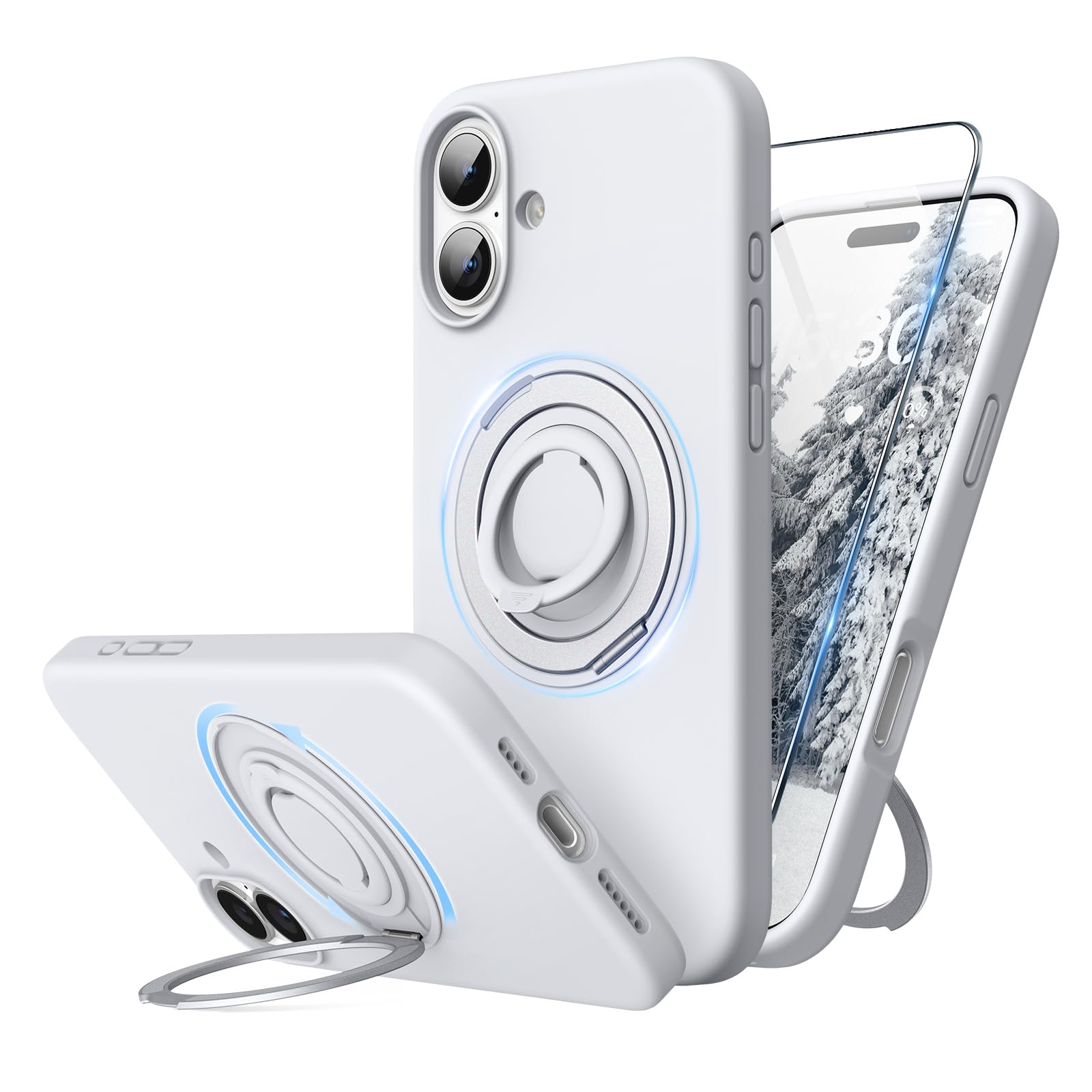 SURPHY Design for iPhone 16 Plus Case, with 360° Rotatable Magnetic Stand & Finger Ring, Liquid Silicone Phone Case for iPhone 16 Plus 6.7 inch 2024, White Titanium