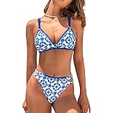 CUPSHE Women's Bikini Sets Two Piece Swimsuit V Neck Stitching Side Cutout Back Hook Adjustable Straps
