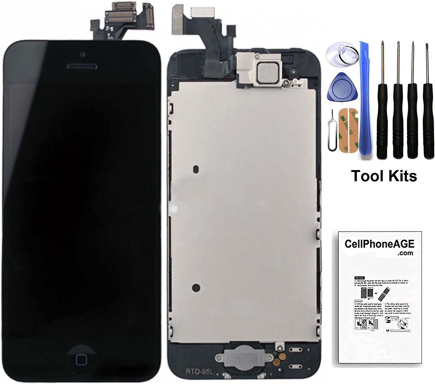 CELLPHONEAGE for iPhone 5 New LCD Touch Screen Replacement with Home Button and Camera Black Full Set with Spare Parts Digitizer Display Assembly Replacement + Free Tool Kits (Black)