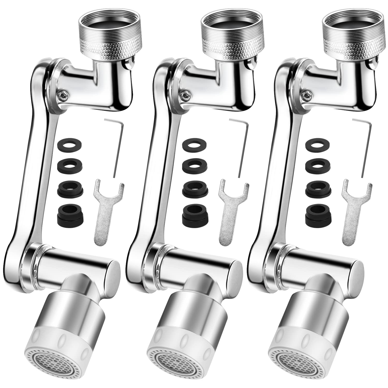 SELORSS 1080° Swivel Tap Aerator, Faucet Aerator Swivel, Solid Brass Rotatable Extender, Universal Splash Filter with 2 Water Outlet Modes Kitchen Bathroom-Polished Chrome (3 PCS), Silver X3 (A1440)