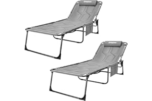 KingCamp Oversize Lounge Chair Outdoor Set of 2, Extra Large Padded Folding 5 Positions Tanning Chairs with Pillow for Outside Sunbathing Beach Patio Pool Camping (Grey)