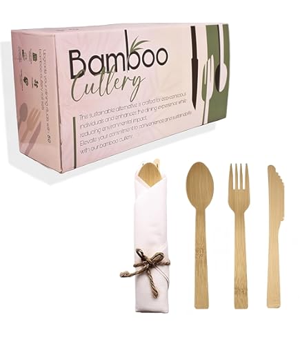 Premium Pre Rolled Bamboo Cutlery Set - 200 Pieces Natural Bamboo Cutlery - 50 Pack Compostable Utensils(50 Forks, 50 Knives, 50 Spoons, 50 Napkins), BIODEGRADABLE for Christmas, Gifting, Party