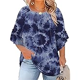 Micoson Womens Plus Size Tops 3/4 Ruffle Sleeve Shirts Crewneck Pleated Blouses Dressy Casual Fashion Tunic Top (1X-5X)