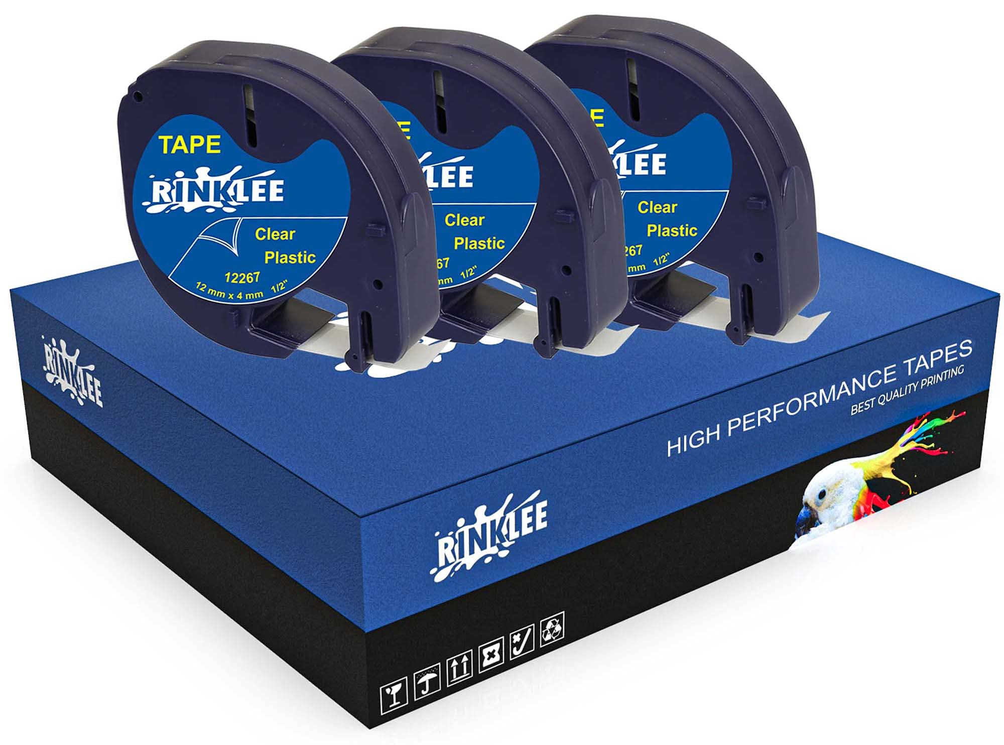 RINKLEE Black on Clear (Transparent) Plastic Label Tape Compatible with LetraTag LT-100H LT-100T LT-110T QX50 XR XM 2000 Plus | 12 mm x 4 m | 3-Pack