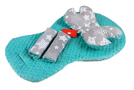 BABYLUX Kinderwagen SITZAUFLAGE Kissen Gurtschoner f. Buggy Autoschale Einlage (1. Minze + Dino, 3 Tlg Sitzauflage + Kissen +