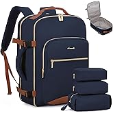 LOVEVOOK Travel Backpack for Women & Men 40L,Airline Approved Carry On Backpack Travel Essentials,TSA Carry on Luggage,Waterproof Personal Item Travel Bag,Suitcase with 3 Packing Cubes,Dark blue-Brown