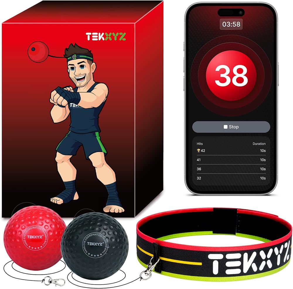 TEKXYZ Reflex Ball with Counter App and Community, 2 Levels Boxing Ball Headband