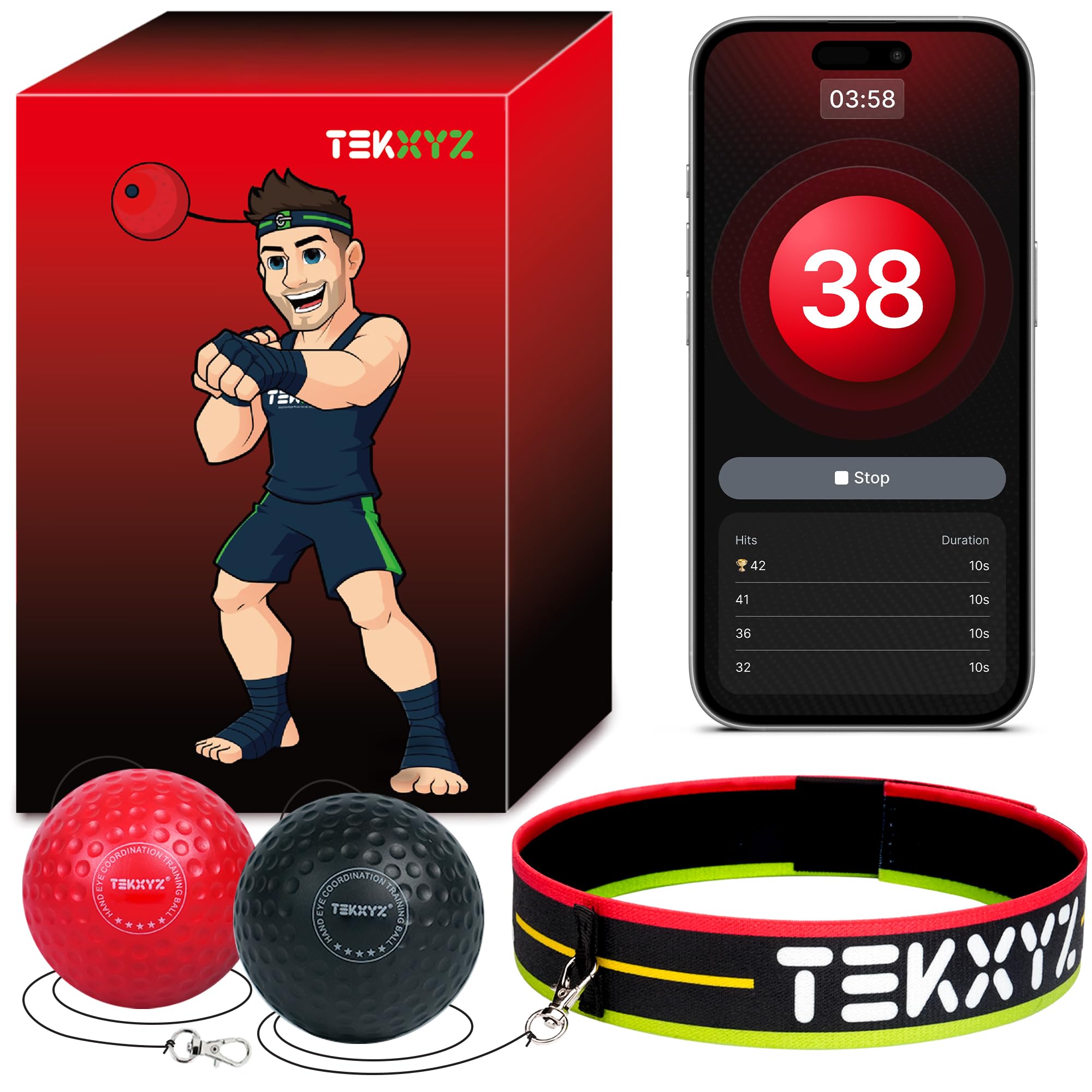 TEKXYZ Reflex Ball with Counter App & Online Community, 2 Difficulty Levels Boxing Ball with Headband, Perfect for Reaction, Agility, Punching Speed, Fight Skill & Hand Eye Coordination Training